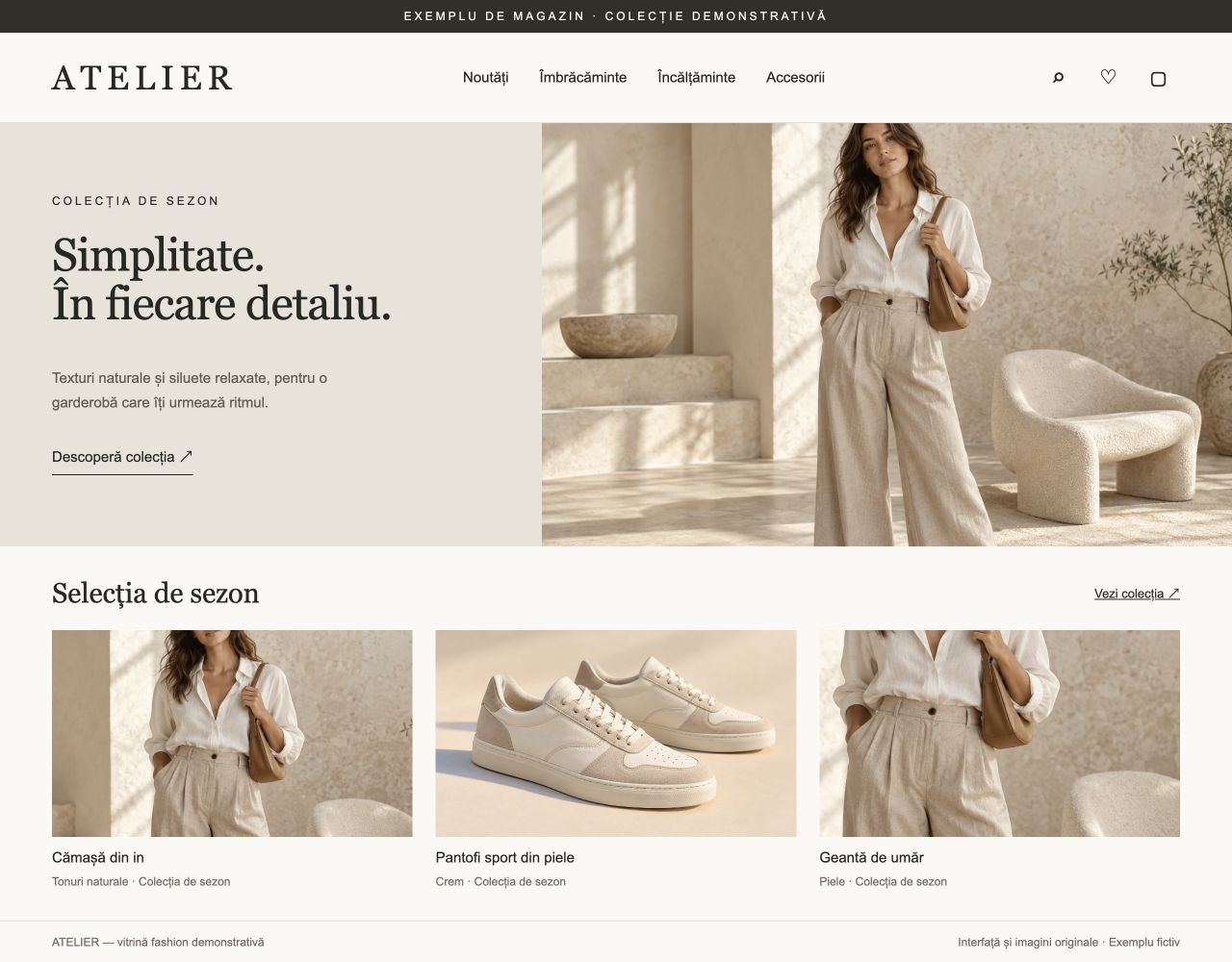 Exemplu fictiv de magazin fashion: header ATELIER, categorii, colecție editorială și grilă de produse